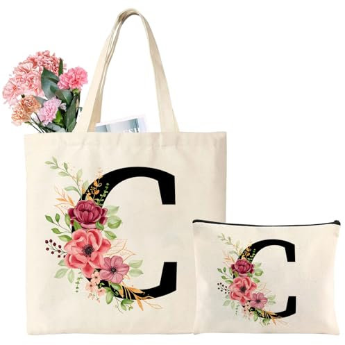 Tarklanda Initialen Baumwolltasche personalisiert Geschenke Frauen Einkaufstasche mit Buchstaben Tragetasche und Kosmetiktasche mit Buchstaben Geschenk für Frau Mama zum Geburtstag, Muttertag (C)