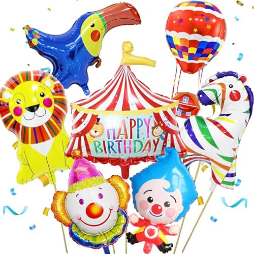 LUKIUP Zirkus Tiere Folienballon, 8 Stücke Riesen Tiere Luftballons, Zirkus Ballon Happy Birthday, Clown Ballon Deko, für Karneval Geburtstag Deko Party Luftballons Zirkus Thematische Party Deko
