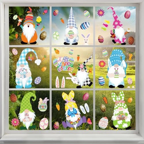 KIKISML Fensterbilder Ostern Selbstklebend, 9 Blätter Ostern Fenstersticker Wiederverwendbar, Osterdeko mit Gnom Hasen Ostereier, Fenster Aufkleber für Kinderzimmer Babyzimmer