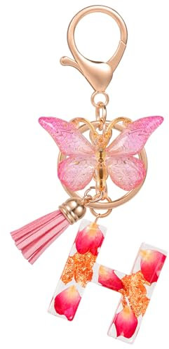 MWOOT Initiale Schlüsselanhänger Buchstabe H Letter Keyring,Alphabet Harz Buchstabe mit Blume Key Chains mit Schmetterling Quaste Anhänger Handtasche Charm,Rosa Blütenblatt Keyring für Frauen(H)