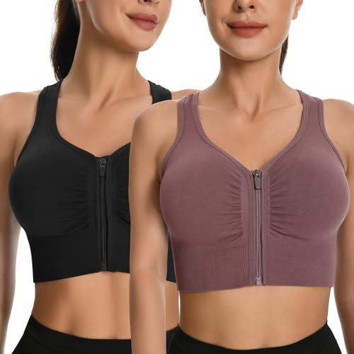 dowskwx 2 Stüke Sport BH mit Reißverschluss Vorne, für Laufen Yoga Fitness | Mittlerer Halt | Racerback | breite Träger | ohne Bügel | Leicht An- und Ausziehen