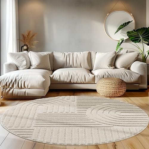 Teppium Tappeto Soggiorno Stile Scandinavo Boho con Effetto Alto-Basso, Decorativo e Facile da Curare, Beige 80 cm Rotondo