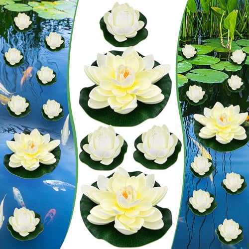 EMAGEREN 5 STK Künstliche Seerosen 10cm&18cm Schwimmende Blumen Seerose Schwimmend Lotusblüte Wasserlilie Weiß Seerose Kunstblume Lotusblume Künstliche Lotus Artificial für Gartenteich Dekoratio