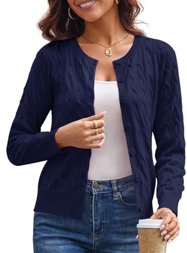 GRACE KARIN Women's Long Sleeve Button Up Cable Knit Cardigan Lightweight 2025 Crewneck Button Down Sweaters for Women, Navy Blue, Small