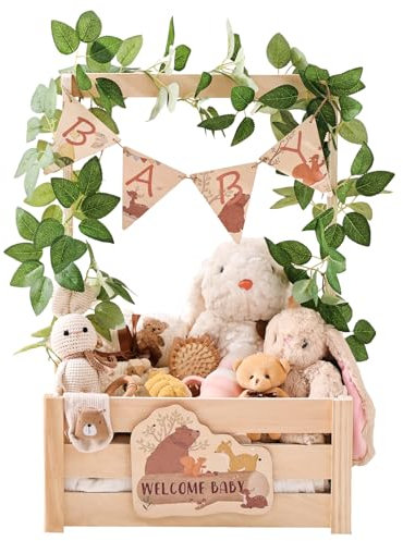 OESSUF Holz Baby Geschenk Korb mit verstellbarer Griff,Personalisierte Babyparty Geschenk Babykorb für Neugeborene
