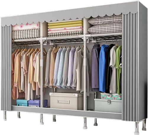Tragbarer Kleiderschrank-Organizer mit Kleiderstange und Regalen, faltbarer Stoffbezug, schnelle Montage, langlebig, 207 x 46 x 173 cm, graue Streifen