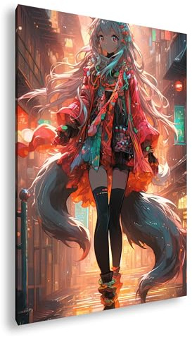 Leinwandbild Anime-Figur mit silbernen Haaren in einer Neon-Gasse bei Nacht. Format: 70x50 cm XXL Kunstdruck Bild auf Keilrahmen/Wandbild/Wohnzimmer Deko