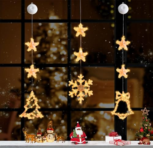KLCZONE Christmas Decorations Lights, 3 Pack Christmas LED Window Lights with Suction Cup, Battery Operated Hanging Window String Lights for Xmas Indoor Decor(Xmas Tree & Jingle Bell & Snow Shape)