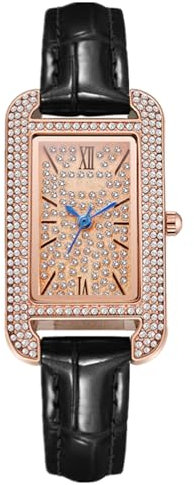 JOATVEE Mode Damenuhren Voll Diamanten Rechteckig Römische Ziffern Skala Analog Quarz Armbanduhr mit PU-Band Klassische Uhren für Mädchen Womens