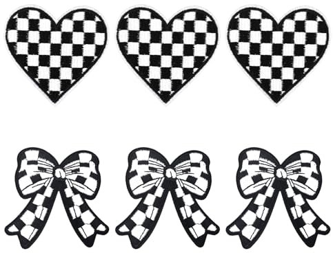 6pcs Checkered Bow Heart Iron on Patches, Black White Love & Bow Patches Iron on Cute Stylish Racing Iron on Patch Embroidery Bow Patch Sticker for Clothing Bags Jackets Jeans