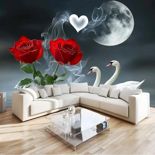 Fototapete 3D Effekt Rosen Schwäne Tapete Fototapeten Vlies Tapeten 350x256 cm Vliestapete Wandtapete Moderne Wand Schlafzimmer Wohnzimmer Wand tapete