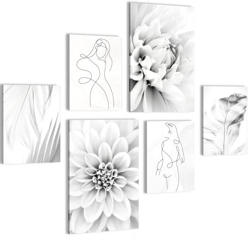 Novart Wandbilder Blumen Vintage - KOMPLETT AUFHÄNGFERTIG - Grau Wohnzimmer Schlafzimmer Flur - 6 Moderne Mood-Bilder - N033567b
