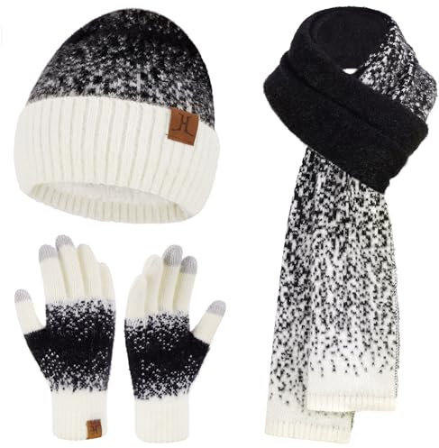 Damen Winter Warm Mütze Touchscreen Handschuhe und Lang Schal Set mit Fleece Gefütterte, Thermo Wintermütze Strickmütze Beanie Winterhandschuhe Strickhandschuhe Schals,Weiß Schwarz