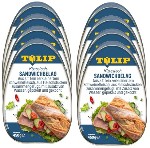 TULIP 8x 450 g Sandwichbelag aus Schweinefleisch | Frühstücksfleisch in Dosen | Zartes Fleisch in der Konserve | Saftiger Brotbelag | Ideal für Ihre Sandwich-Kreationen