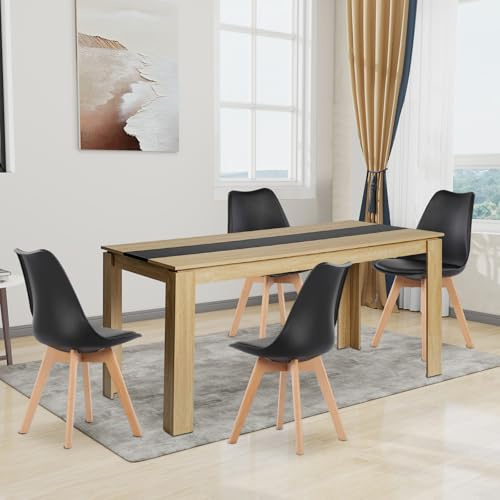 FURNITABLE Esstisch mit 4 Stühlen Esszimmergruppe, 4er Set Esszimmerstühle und 160CM Rechteckig Holztisch Essgruppe für Wohnzimmer Küche Büro (Eiche-Schwarz Tisch+4 Schwarz Stühle)