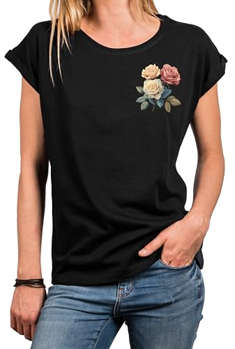 MAKAYA Damen Shirt mit Blumenmuster Vintage Rosenprint Kurzarm Sommer Top Blumen Oberteil Rosen Aufdruck