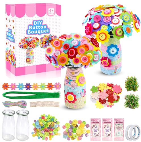 FYSL Blumen Bastelset für Kinder, Bastelset für Mädchen Jungen Kinder ab 5 jahre, Kunsthandwerk, Bunte Knöpfe, Filzblumen, Blumenvase, Bastelzubehör, Geschenke für Mädchen 6 7 8 9 10 Jahre