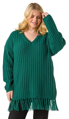 Roman Curve V-Neck Tassel Hem Knit Jumper for Women UK - Ladies Autumn Everyday Winter Holiday Long Sleeve Comfy Longline Soft Warm Fabric Top Office Desk Sweaters - Forest - Size 22 Green