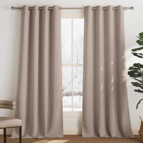 PONY DANCE Verdunklungsgardine Wohnzimmer Modern Ösenschal 2er Set | H250 x B132 cm, Taupe, Thermovorhang gegen Kälte, Blickdicht, für Schlafzimmer, Abdunkelnd, Sichtschutz, Türvorhang