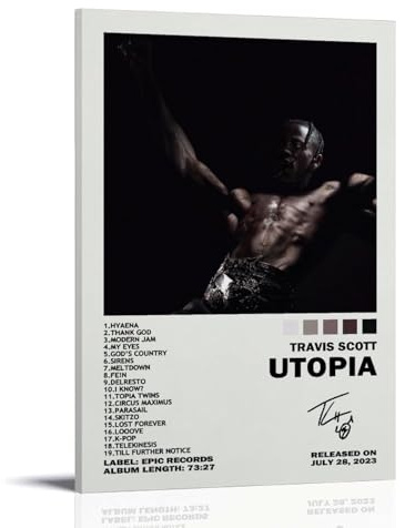Eiebate Travis Scott Poster Signatur Utopia für Raumästhetik, Wandkunst auf Leinwand für Schlafzimmer, Dekoration, 40 x 60 cm
