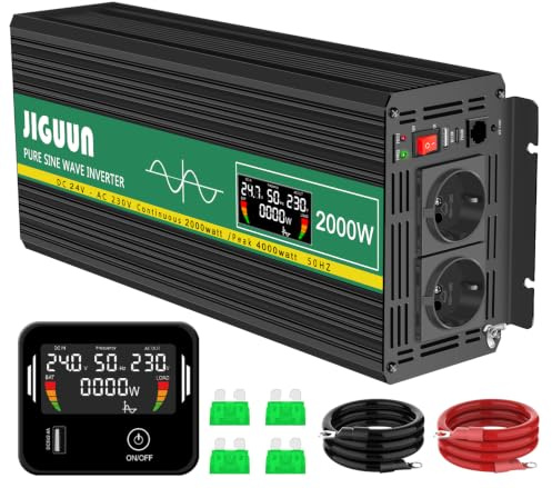 JIGUUN 2000W Convertisseur 24V 220V Pur Sinus Onduleur transformateur | Puissance crête 4000W avec Télécommande sans Fil Écran LCD 2 Prises EU 1 Port USB pour Voiture Camping Voyage Urgence