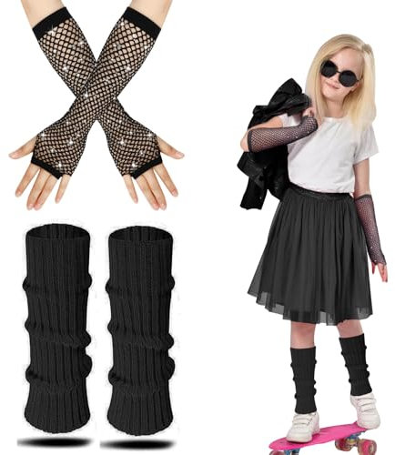 AffeGifts Neon Leg Warmers Kids, Kids 80s With Neon Fishnet Gloves Warm Knitted Leg Warmers 80s Costume Accessories Set For Girls Fancy Dress 1980s Theme Party (Black, 1)