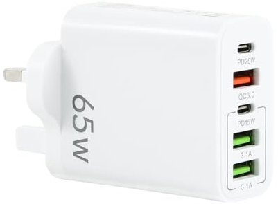 USB Plug Charger, 65W 5-Port Multi Charging Power Adapter with PD 20W Power Adapter QC 3.0 Fast Charging Plug for iPhone Samsung Galaxy, Huawei, Tablet (White)