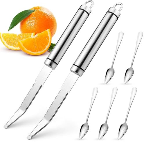 xianzhanEU 2Stück Grapefruitmesser Gebogenes, Grapefruitschäler, Gezacktes Grapefruitmesser für Grapefruit und Orangen Küchenwerkzeug mit 5 Grapefruit löffel