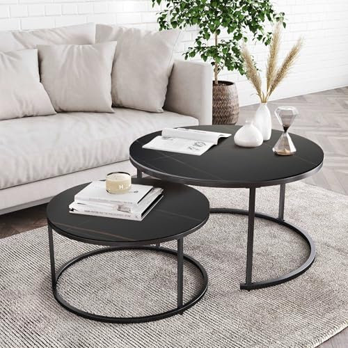 G-LEAF Set mit 2 Runden Beistelltischen/Satztische-Schwarz Marmor Tischplatte & Schwarz Metallrahmen | Modernes Nesting Couchtische für Wohnzimmer, Schlafzimmer, Dekoration (Ø 70cm/Ø 50cm)