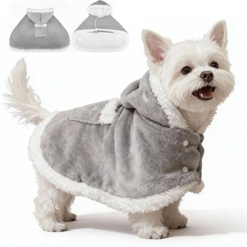 EXPAWLORER Dog Winter Coat with Hat - Fleece Flannel Warm Pet Cloak Cape Blanket with Hood for Cold Weather, Windproof Thicken Dog Sweater Jacket Clothes Vest for Small Medium Large Dogs Cats Grey L