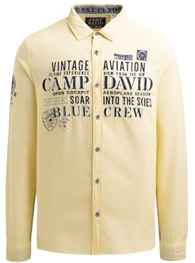 Camp David Herren Jacquard-Langarmhemd mit Artworks Yellow Sun, XXL