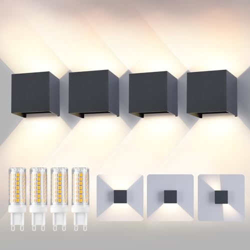 YCZM LED Wandleuchte Aussen/Innen, 4 Stücke Wandlampe Aussen mit Austauschbarer G9 Wasserdicht IP65 Außenleuchte,4000K Aluminium Außenlampe Einstellbar Abstrahlwinkel,Up Down Wandbeleuchtung Anthrazit