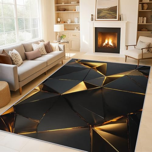 Generisch Teppich Wohnzimmer 3D Geometrie, Teppich Schwarz Gold Geometrie für Schlafzimmer 80x150 cm, Weicher Waschbarer Antirutsch Kurzflor Dekoration Carpet P-&40
