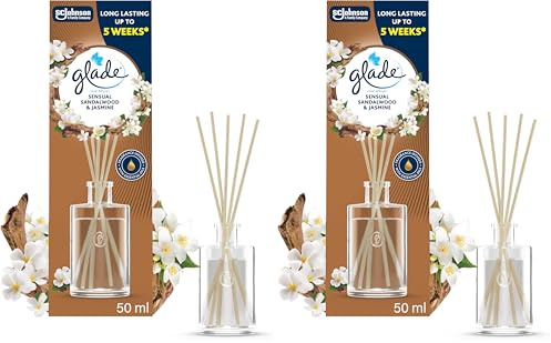 Glade Reed Diffuser, Home Fragrance Infused with Essential Oils, Room Air Freshener With Up to 5 Weeks of Continuous Fragrance, Sandalwood & Jasmine, 50ml (Pack of 2)