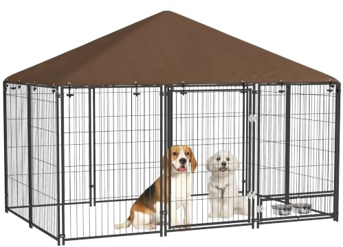 PawHut Recinto per Cani da Esterno Grande Box, Tetto Anti-UV 211x141x151 cm | in Acciaio, Impermeabile, Ciotola Girevole, Kennel Recinzione Spazioso per Cuccioli, Giardino, Nero e Marrone