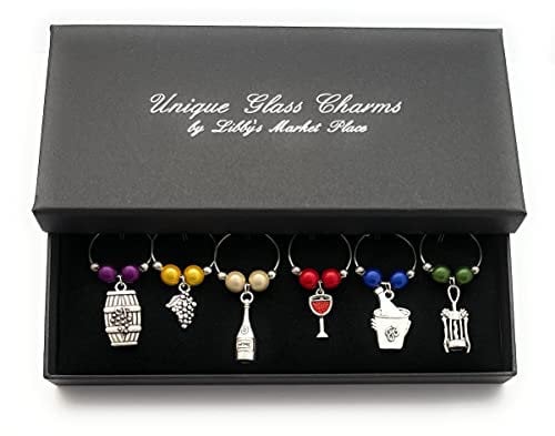 Libby's Market Place Set of 6 Handmade Wine Lovers Wine Glass Charms with Gift Box