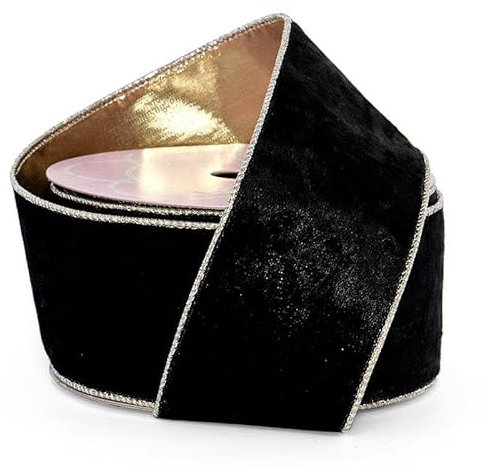 6,4 cm x 9,1 m, weiches Samtband mit Draht, Schwarz/Gold