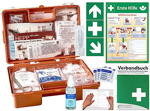 Verbandskoffer/Verbandskasten (K) Typ C -INKL. 90° ARR. -Komplettpaket- Erste Hilfe - aktuelle DIN 13157 für Betriebe INKL. Verbandbuch +Hygiene-Gel +Aufkleber +Aushang