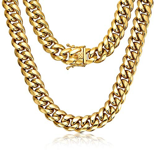ROWIN&CO Halskette Kette Herren Panzerkette Gold Edelstahl Goldkette Hip Hop Rapper Schmuck für Männer Jungen Ketten 45-88cm | 15 mm Dicke Cuban Link Chain Persönlichkeit Gliederkette. (45)