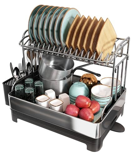 romision Escurreplatos Acero Inoxidable Tamaño Extra Grande de 2 Niveles, Escurridor de Platos para Fregadero con Porta Cubiertos Extraible y Bandeja de Drenaje Automática (2 Piso, Negro-Plata)