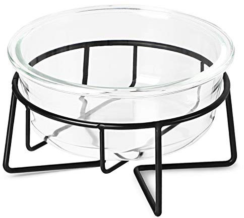 MUZITY Glass Raised Cat Small Dog Dishes, 20 Ounces Pet Food or Water Bowls with Metal Stand, Transparent