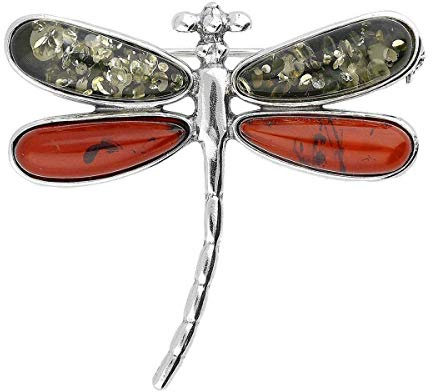 Dragonfly Sterling Silver Brooch Pin/Clip in Cognac Orange & Green Amber in Vintage Style for Women Teenager Girls - 925 Sterling Silver