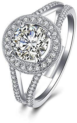 Daesar Damen Verlobung Ringe 750 Weißgold, Trauring Weißgold Ehering Nickelfrei Halo Ring mit 4-Steg-Krappenfassung Diamant 0.3ct Große 62 (19.7)