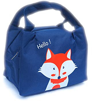 Praktische Lunchbag Kühltasche für Kinder mit niedlichen Tiermotiven, Cartoons, wasserdichte Thermobox, isolierte, faltbare Picknick Vesper Tasche für Lebensmittel und frische Speisen (Blau - Fuchs)