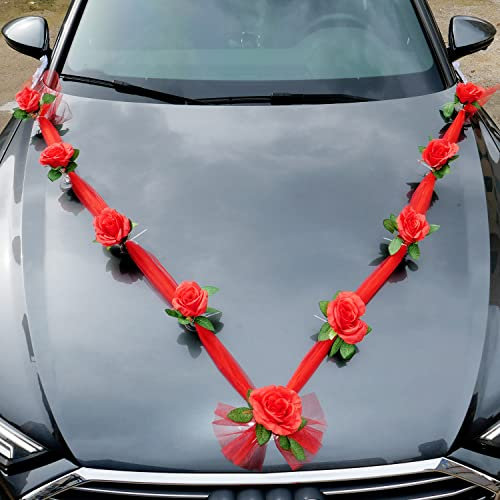Autoschmuck Hochzeit Braut Paar Rose Deko Dekoration Auto Schmuck Car Wedding Girlande Autodeko Hochzeitsdeko Auto Blumenschmuck Hochzeitsschmuck Hochzeitsauto Deko für Hochzeit Party,rot