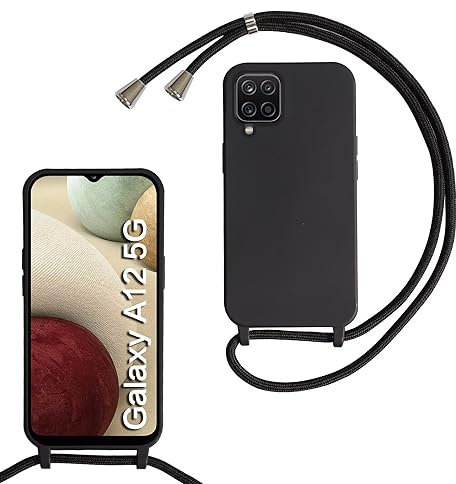 MBSLFY Silikon Handykette für Samsung Galaxy A12 5G Hülle mit Band, Silikon Necklace Handyhülle mit Abnehmbar Kordel zum Umhängen Stossfest Bumper Handy Schutzhülle für Samsung A12 5G, Schwarz