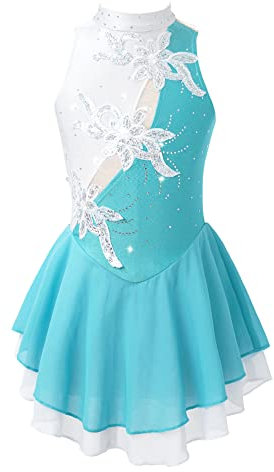 iEFiEL Mädchen Eiskunstlauf Kleid Glitzer Ballettkleid Ärmellos Ballettanzug Ballett Trikot Body mit Strass Wettbewerb Kostüm Gymnastikanzug Za See Grün + Weiß 134-140