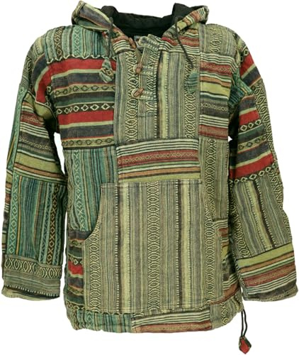 GURU SHOP Goa Kapuzenshirt, Stonewash Patchwork Baja Hoody, Baumwolle | Kapuzenpulli im Ethno-Look, natürliche Holzknöpfe, Kängurutaschen, kuschelig warmes Innenfutter, normaler Schnitt