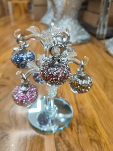 Biznest Medium Silver And Multicolor Crushed Diamond Crystal Filled Glass Apple Tree Ornament Statue Shelf Decor