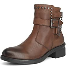 QUEEN HELENA Stivaletti di Pelle con Tacco Zip Laterale Stivali Bassi Borchiati con Fibbia Donna S270 (Marrone, numeric_37)